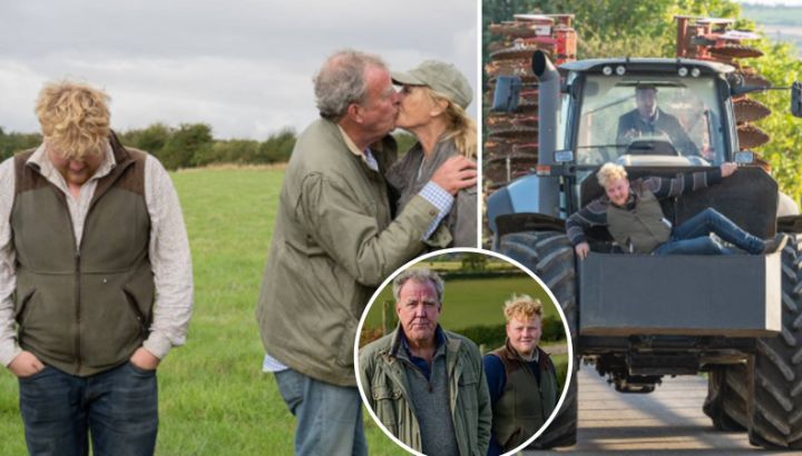 Jeremy Clarkson kisses his Girlfriend Lisa Hogan as farmhand Kaleb Cooper